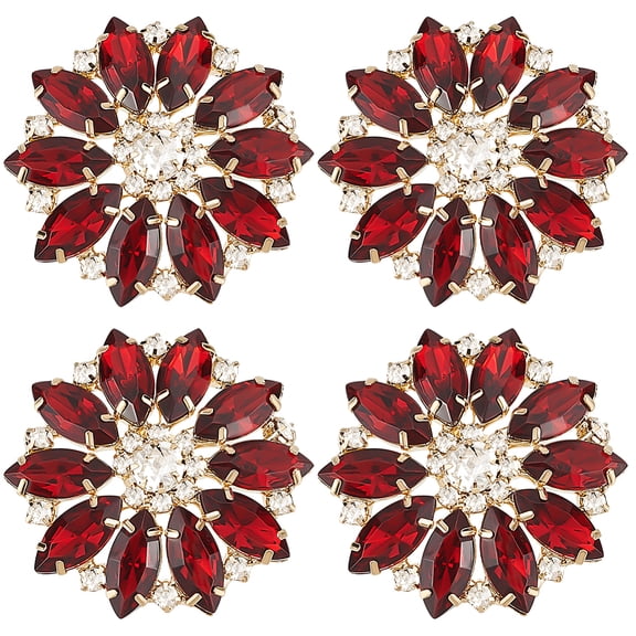4 Pcs Siam Flower Alloy Rhinestone Shank Buttons 1.57" Bouquet Rhinestone Buttons with 1-Hole and Light Gold Buttom Sew On Embellishments Button