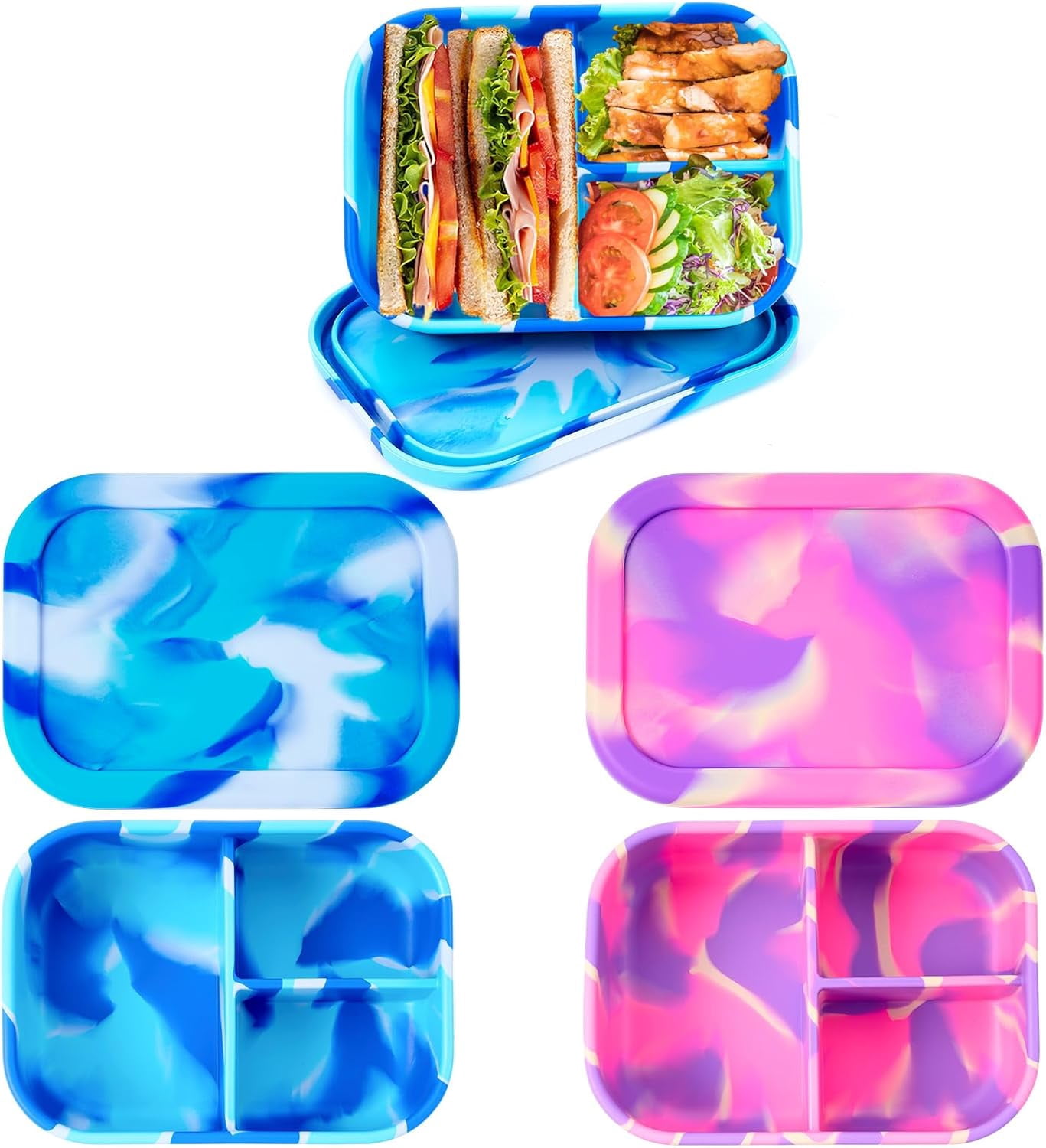 4 Pcs Silicone Bento Box Reusable 3 Compartment Silicone Bento Lunch ...