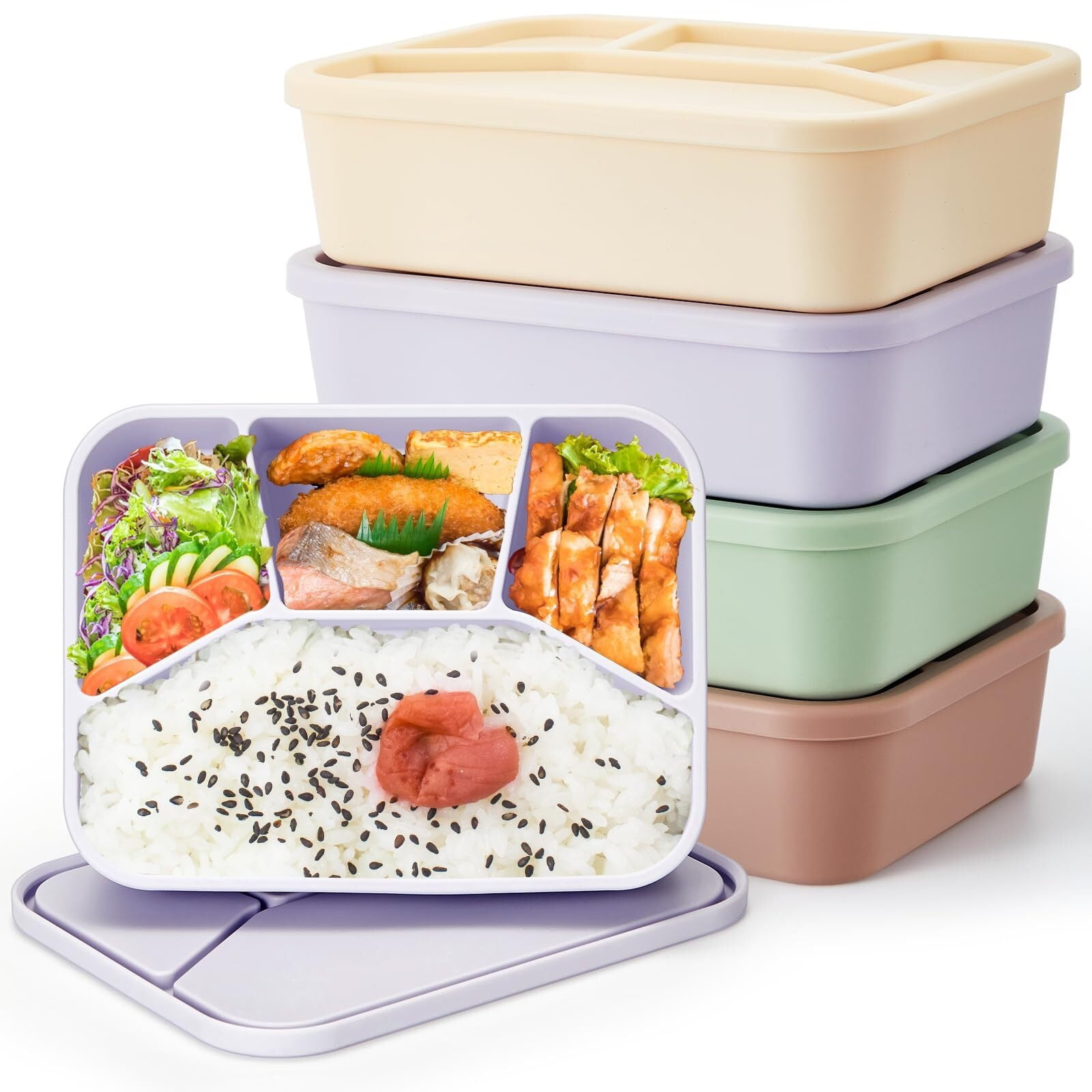 A 4 Pcs Silicone Bento Box Reusable Lunch Container Smooth Leak Proof ...