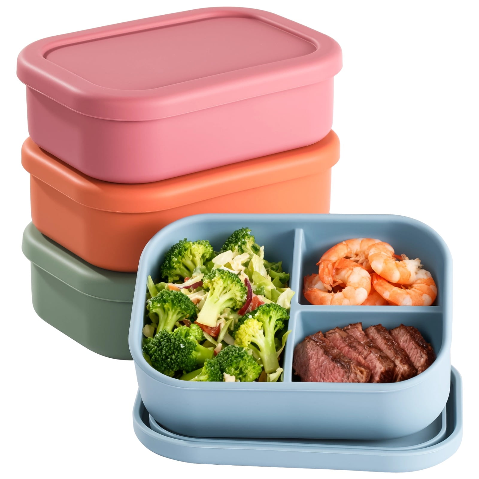 4 Pcs Silicone Bento Boxes, 3 Compartment Lunch Container, Leakproof, Microwave/Dishwasher/Freezer Safe, 7.2 x 5.3 x 2.4 in, Ideal for Office,and On-the-Go