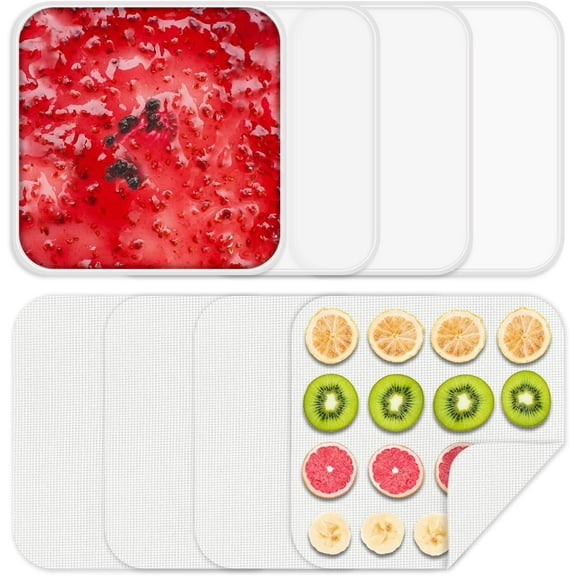4 Pcs Silicone Food Dehydrator-Trays with Edge, 4 Pcs Mesh Dehydrator Mats,Reusable Non Stick Silicone Dehydrator Sheets (9.45x 9.45in) for Liquids,Fruit Leather,Herbs,Meat and Yogurt