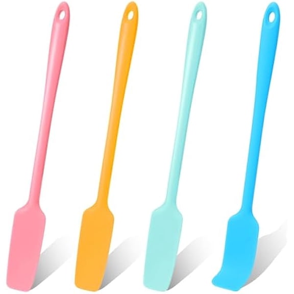 4 Pcs Silicone Jar Spatula, Long Handle Rubber Spatula Jam Spreader Heat Resistant Non-Stick Small Rubber Scrapers for Kitchen Use, Mason Jars, Baking, Cake Icing, Blenders, 4 Colors