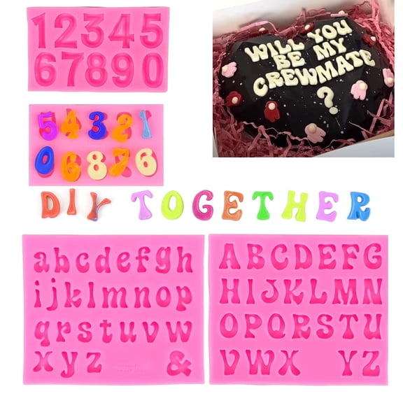 4 Pcs Silicone Letter Molds for Chocolate Letter Numbers Molds Valentines Day DIY Non Stick Easy to Release 0 to 9 Number and 26 for Baking Desserts Cake