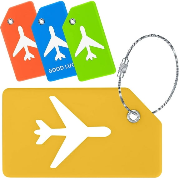 "4 Pcs Silicone Luggage Tags, Baggage Handbag Tags, Travel Suitcases ID Name Address Instrument Tags Labels, with Partial Privacy Cover & Metal Fastening Loops for Suitcases Baggage - 4 Colors"