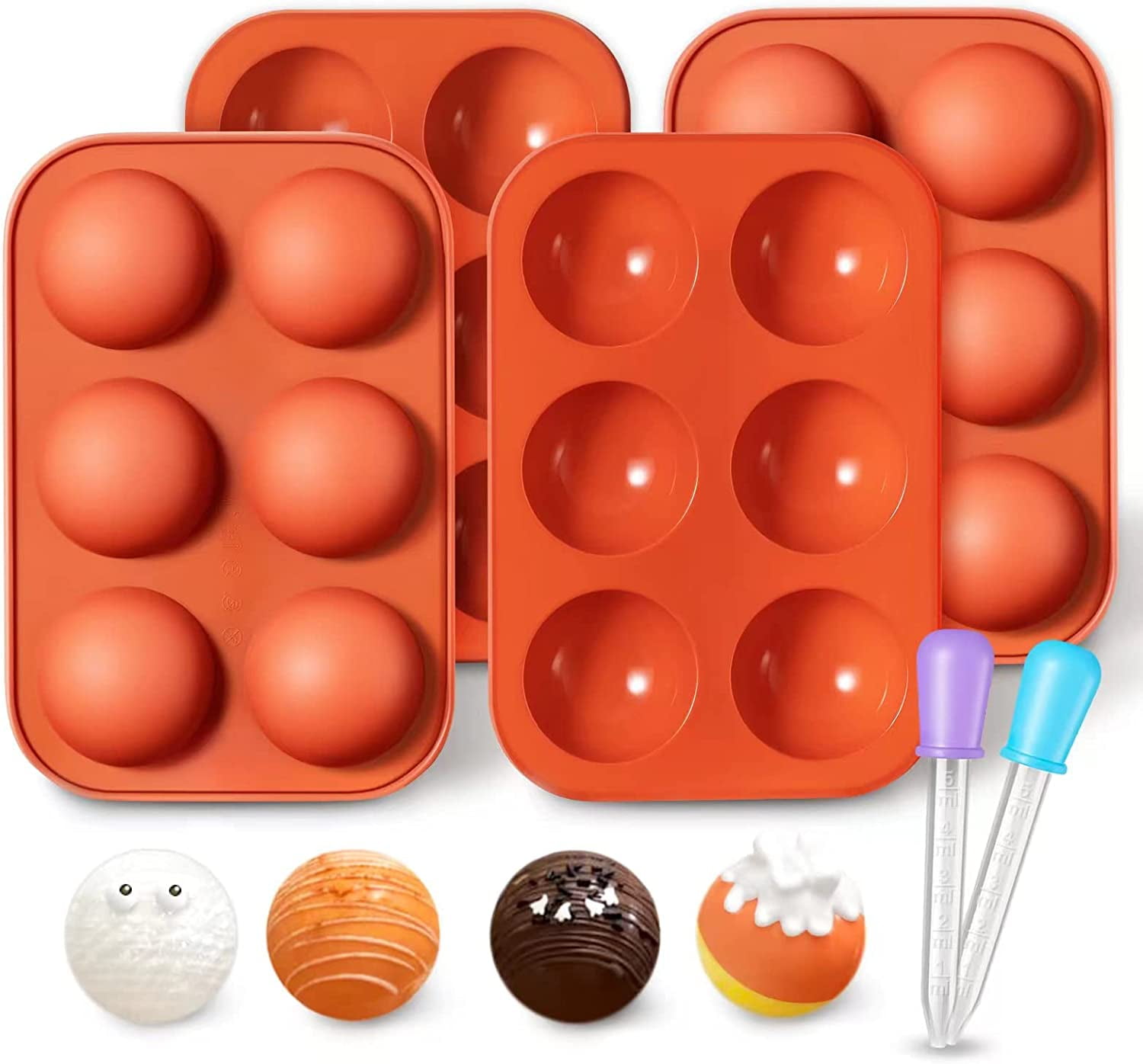 4 Pcs Silicone Molds, Hot Chocolate Bomb Mold with 6 Semi Sphere Jelly Holes, Hot Cocoa Bomb Mold with 2 Droppers for Making Hot Chocolate Bombs, Coco Bomb, Cocoa Ball, and Dome Mousse