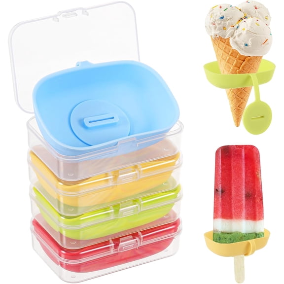 4 Pcs Silicone Popsicle Holders for Kids, Reusable Drip Free Ice Pop & Ice Cream Cone Holders with Storage Case, Thick Silicone Drip Catchers, Red Green Blue Yellow