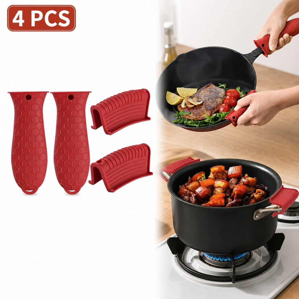 4 Pcs Silicone Pot Handle Covers Heat Resistant Non Slip Cast Iron Pan ...