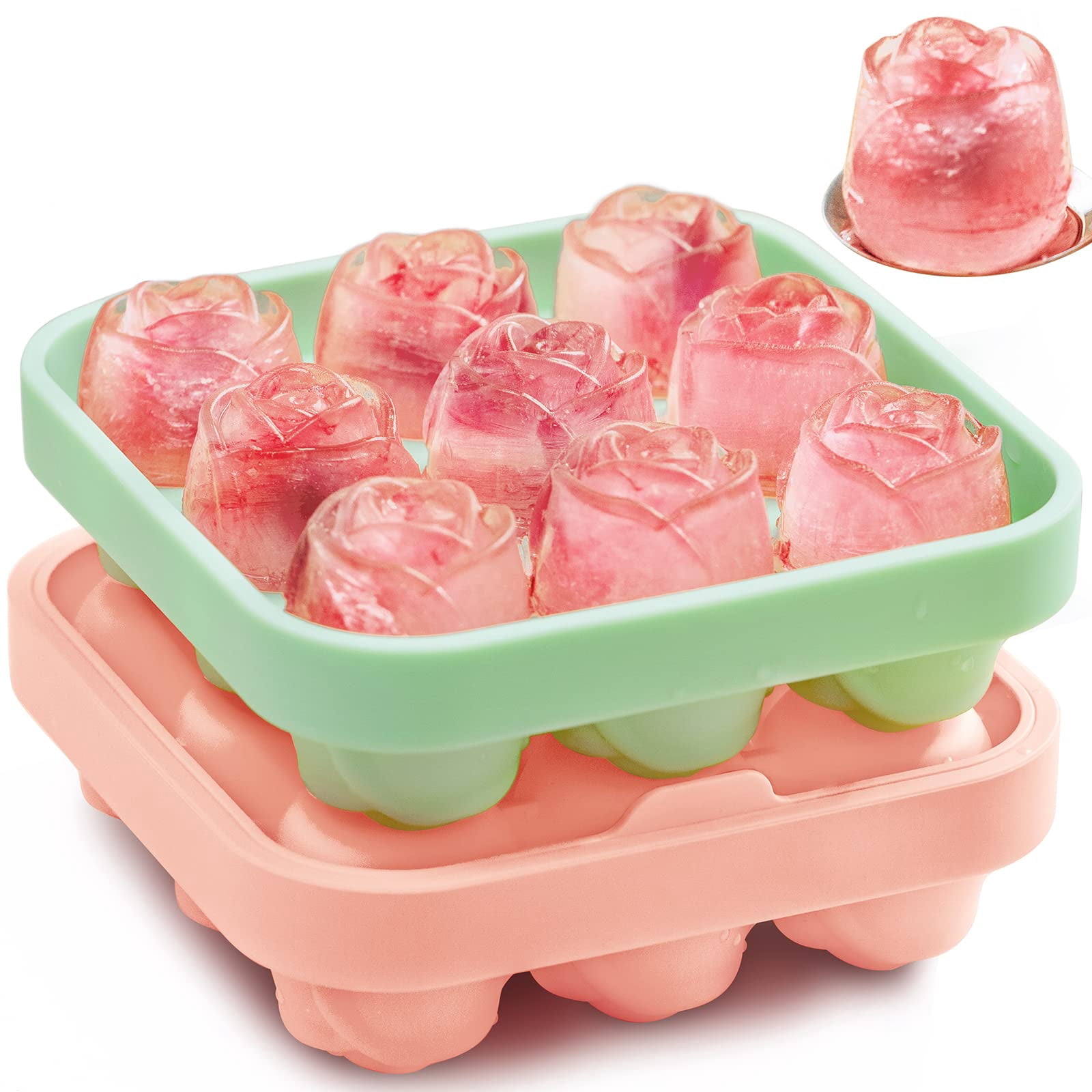 4 Pcs Silicone Rose Ice Cube Mold with Covers Fun Shapes Flower Ice Cube Mold Trays Maker 9 Cavity Easy Release Form for Whiskey Bourbon Cocktails Wine Coffee Juices and More