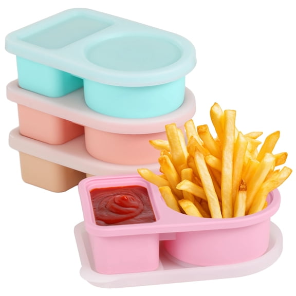 4 Pcs Silicone Snack Box, Double Compartment Snack Container, Portable Bento Box with Lids, Reusable Food Carrier With Lids, 6.3 x 3.9 x 1.7 In