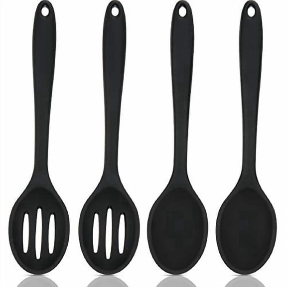 4 Pcs Silicone Spoons for Cooking 10.6 Inch Large Nonstick Serving Spoons Heat Resistant Slotted Spoon for Mixing & Stirring Kitchen Cooking Utensils,Dishwasher Safe(Black)