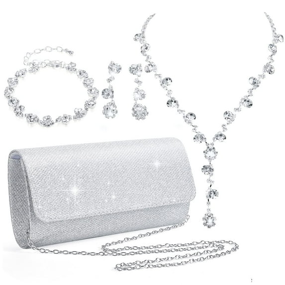 4 Pcs Silver Clutch Purse Jewelry Set for Women Evening Rhinestone Purse Silver Accessories for Women Bride Wedding Jewelry