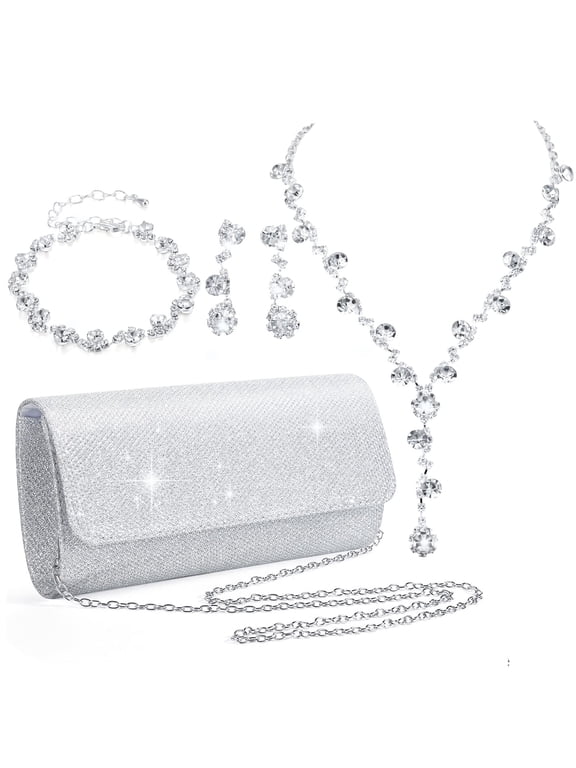 4 Pcs Silver Clutch Purse Jewelry Set for Women Evening Rhinestone Purse Silver Accessories for Women Bride Wedding Jewelry
