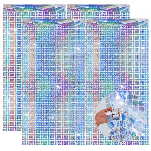 4 Pcs Silver Foil Fringe Curtain, Glitter Tinsel Backdrop for Disco Party Decorations, 70s 80s 90s Theme Bachelorette Supplies, Shiny Block Backdrop for Celebrations