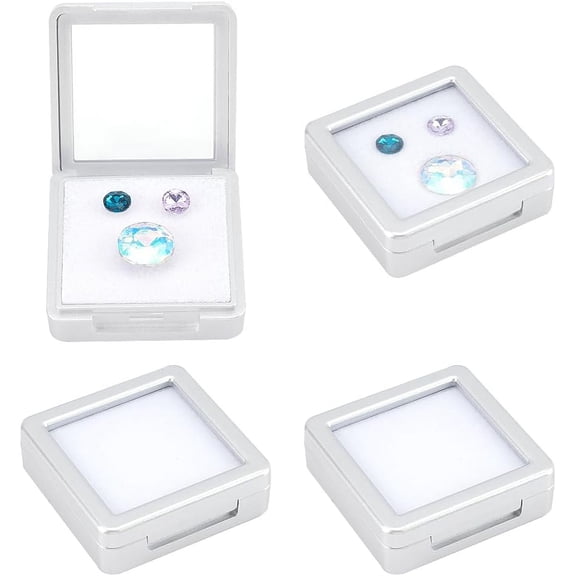 4 Pcs Silver Gemstone Display Box 2.17x2.17x0.69 inch Square Jewelry Box with Clear Glass Top Lids for Gift Wrapping Displaying Gemstones Diamond Accessories for DIY