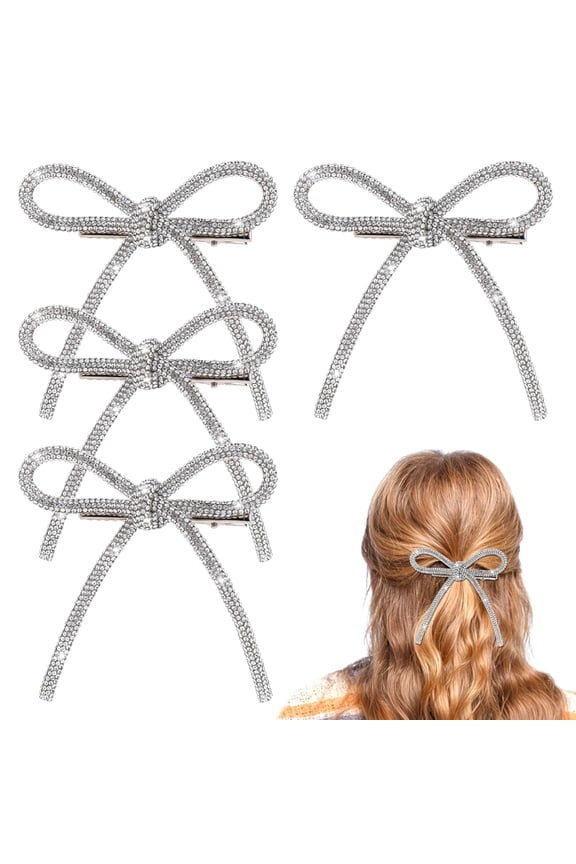 4 Pcs Silver Hair Bows Crystal Prom Decoration Bow Rhinestone Clips for Women Accessories Non-Slip Jeweled Bowknot Duckbill Barrettes Thick Long Short -