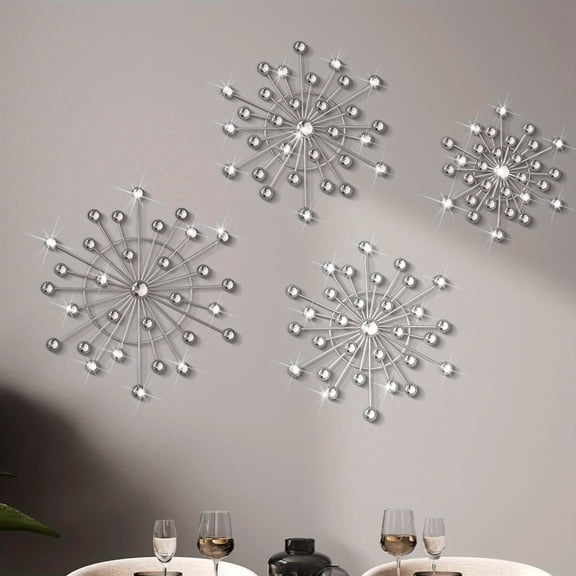 4 Pcs Silver Metal Wall Decor Set, Rhinestone Star Sun Wall Art for Home Decor Lovers, Modern Stainless Steel Hanging Decorations for Daily Use Living Room Bedroom Office
