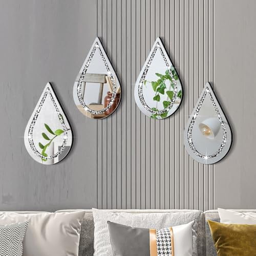 4 Pcs Silver Mirror Wall Decor Tear Drop Diamond Mirrors 11.8 x 6.7 Inches for Living Room Bedroom Bathroom Wall Decoration$$Electronics Accessories