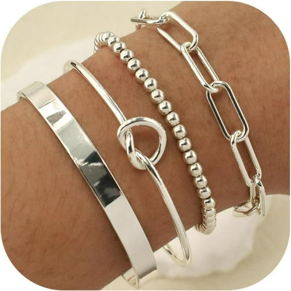 4 Pcs Silver Plated Bangle Cuff Knot Bracelet, Dainty Cubic Zirconia Tennis Jewelry Set, unique Goddess Fashion Accessories Suitable for Birthday Present, Daily Wear, Party