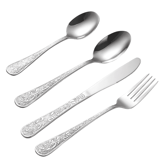 4 Piece Stainless Steel Flatware Set with Relief Pattern, Carved Vintage Cutlery Set Includes Dinner Knife Fork Tablespoon Teaspoon