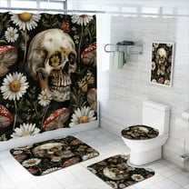4 Pcs Skull Shower Curtain Set with Non-Slip Rugs, Toilet Lid Cover and Bath Mat Fantasy Art Cool Halloween Dreamy Shower Curtain with 12 Hooks, Durable Bathroom Decor Set