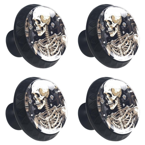4 Pcs Skull Skeleton Print Cabinet Knobs 30mm Round Crystal Glass Drawer Handles Pulls with Screws for Kitchen Cupboard Wardrobe Closet Dresser, Home&Office