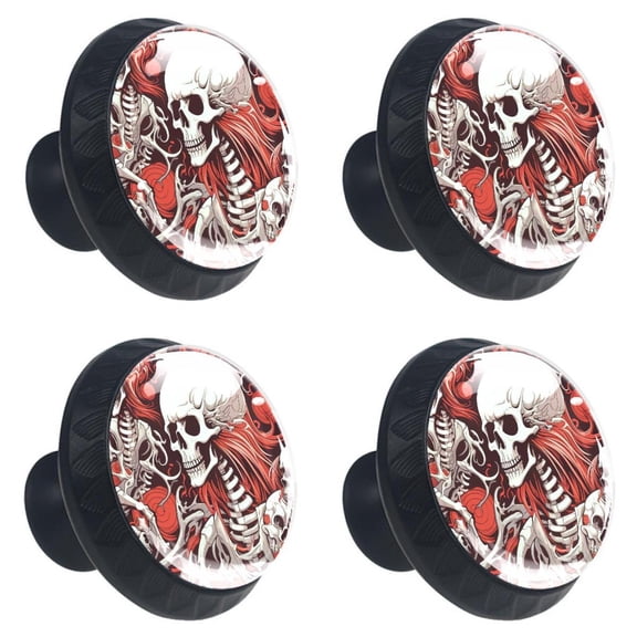 4 Pcs Skull Skeleton Print Cabinet Knobs 30mm Round Crystal Glass Drawer Handles Pulls with Screws for Kitchen Cupboard Wardrobe Closet Dresser, Home&Office