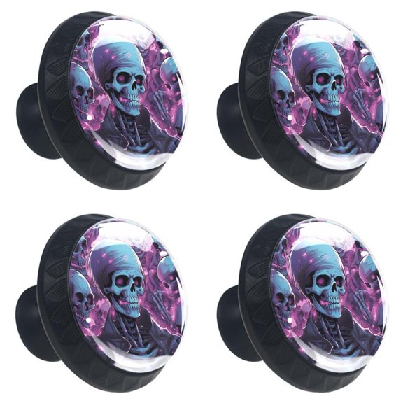 4 Pcs Skull Skeleton Print Cabinet Knobs 30mm Round Crystal Glass Drawer Handles Pulls with Screws for Kitchen Cupboard Wardrobe Closet Dresser, Home&Office