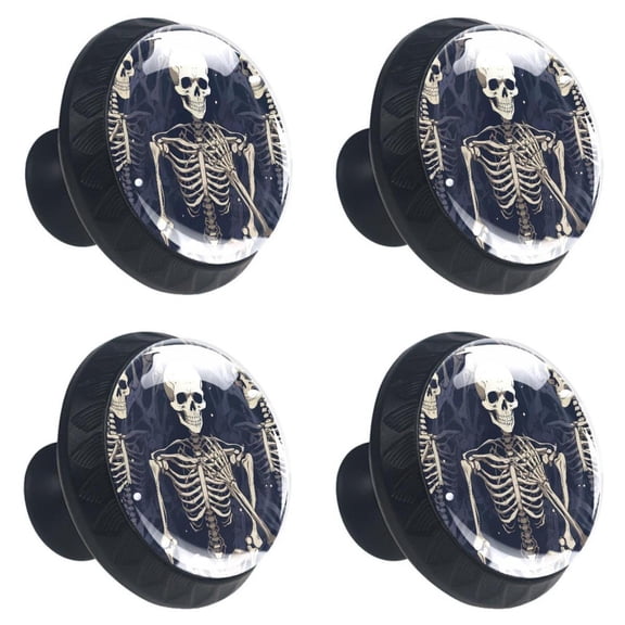 4 Pcs Skull Skeleton Print Cabinet Knobs 30mm Round Crystal Glass Drawer Handles Pulls with Screws for Kitchen Cupboard Wardrobe Closet Dresser, Home&Office