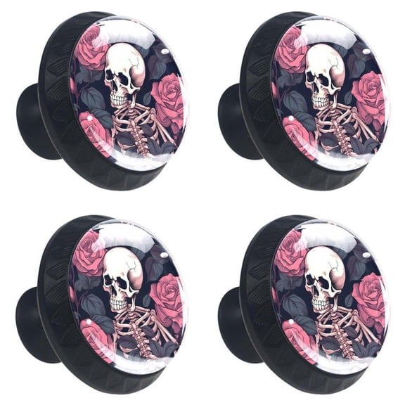 4 Pcs Skull Skeleton Roses Print Cabinet Knobs 30mm Round Crystal Glass Drawer Handles Pulls with Screws for Kitchen Cupboard Wardrobe Closet Dresser, Home&Office