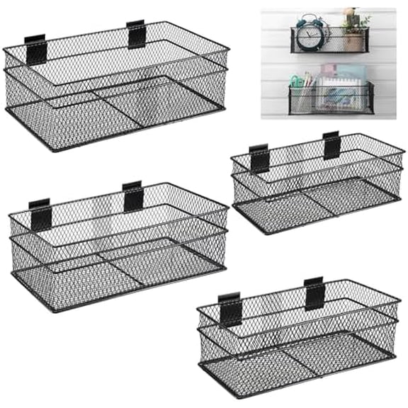 4 Pcs Slatwall Basket Set Ventilated Metal Slatwall Basket Hanging Wire Bins Wall Mounted Accessories for Panel Garage Storage Display Organizing(Multi Size,Black)