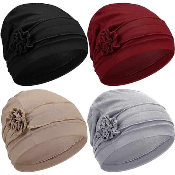 4 Pcs Slouchy Chemo Beanies for Women - Ultra Soft Elastic Sleep Caps with Floral Design, for Comfort During Treatment & Everyday Style