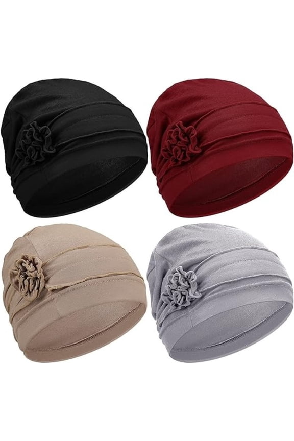 4 Pcs Slouchy Chemo Beanies for Women - Ultra Soft Elastic Sleep Caps with Floral Design, for Comfort During Treatment & Everyday Style