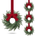 thumbnail image 1 of 4 Pcs Small Christmas Norfolk Wreaths Evergreen 12.6 Inch Christmas Kitchen Cabinet Mini Wreaths Real Touch with Bow and Burgundy Ribbon for Xmas Front Door Window Home Table Pillar Decor, 1 of 8