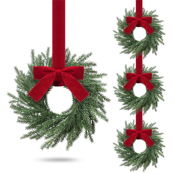 4 Pcs Small Christmas Norfolk Wreaths Evergreen 12.6 Inch Christmas Kitchen Cabinet Mini Wreaths Real Touch with Bow and Burgundy Ribbon for Xmas Front Door Window Home Table Pillar Decor