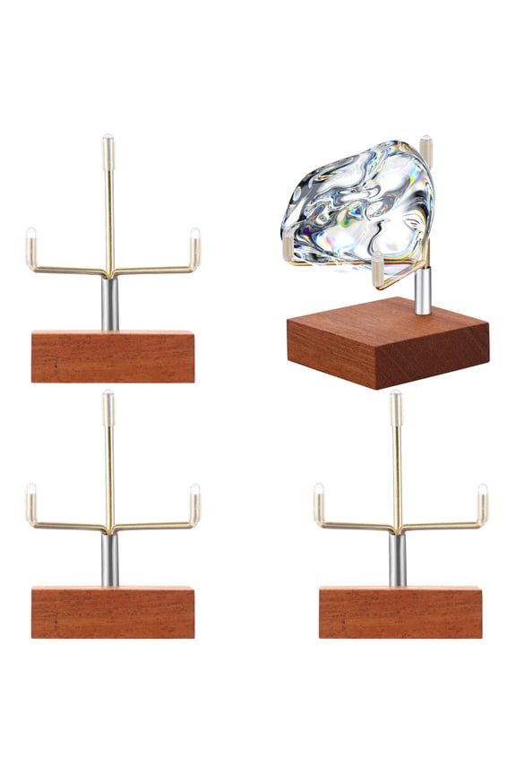 4 Pcs Small Crystal Display Stand with Wood Base and Adjustable Metal Arms Stable Rock Display Stand Compact Easel Display Stand for Gemstones Fossils Crystal Minerals