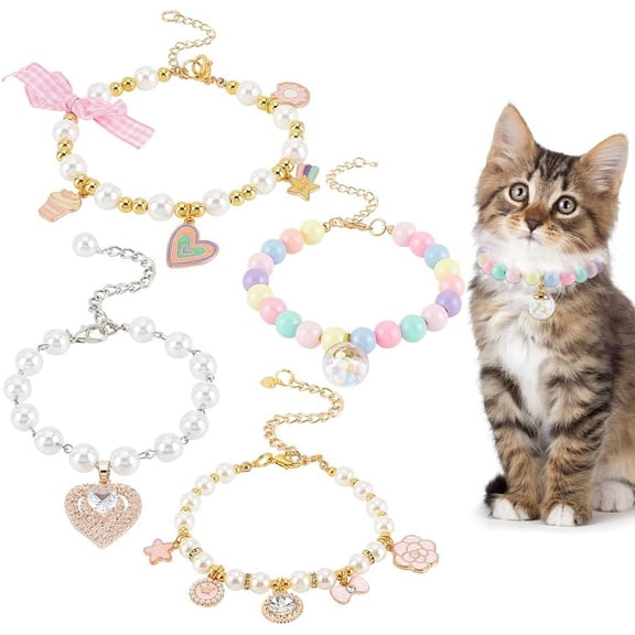 4 Pcs Small Dog Cat Pearl Collars 4 Styles Adjustable Pearls Dog Necklace Cat Collars with Chain Extender Lobster Claw Clasp for Small Cat Puppy Kitten Dogs Pet Wedding Birthday Party