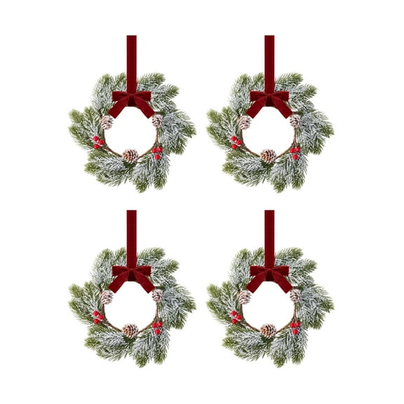4 Pcs Small Mini Christmas Wreaths for Kitchen Cabinets, Frosted Cedar Christmas Candle Rings Wreath for Pillars Kitchen Cabinet Windows Centerpieces Table Decorations 11inch