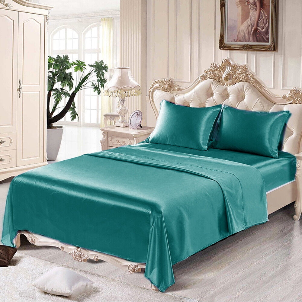 Turquoise Satin Silk Deep Pocket Queen Bed Sheet Set