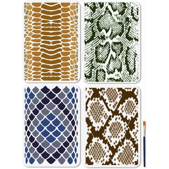 4 Pcs Snake Skin Pattern Stencils Animal Scale Reusable Pattern Stencils for Painting 11.78.3 Inches Wildlife Drawing Templates with Paint Brush for Wood Wall Home Decoration White DIY
