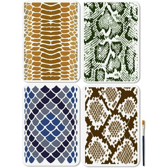 4 Pcs Snake Skin Pattern Stencils Animal Scale Reusable Pattern Stencils for Painting 11.78.3 Inches Wildlife Drawing Templates with Paint Brush for Wood Wall Home Decoration
