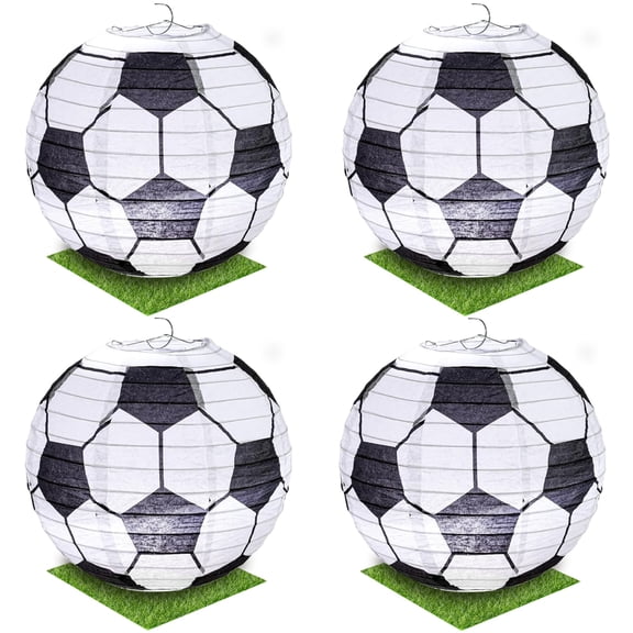 4 Pcs Soccer Table Decorations with Moss Grass Mats, 7.9 Inches Soccer Ball Lanterns, Flower Accents, Perfect for Birthday Parties, Sports Celebrations, and Soccer Themed Events