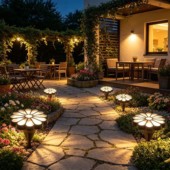 4 Pcs Solar Daisy Lights, Flower Shaped Outdoor Garden Stake Lights, Waterproof Landscape Pathway Lighting, Auto On/Off Yard Decoration