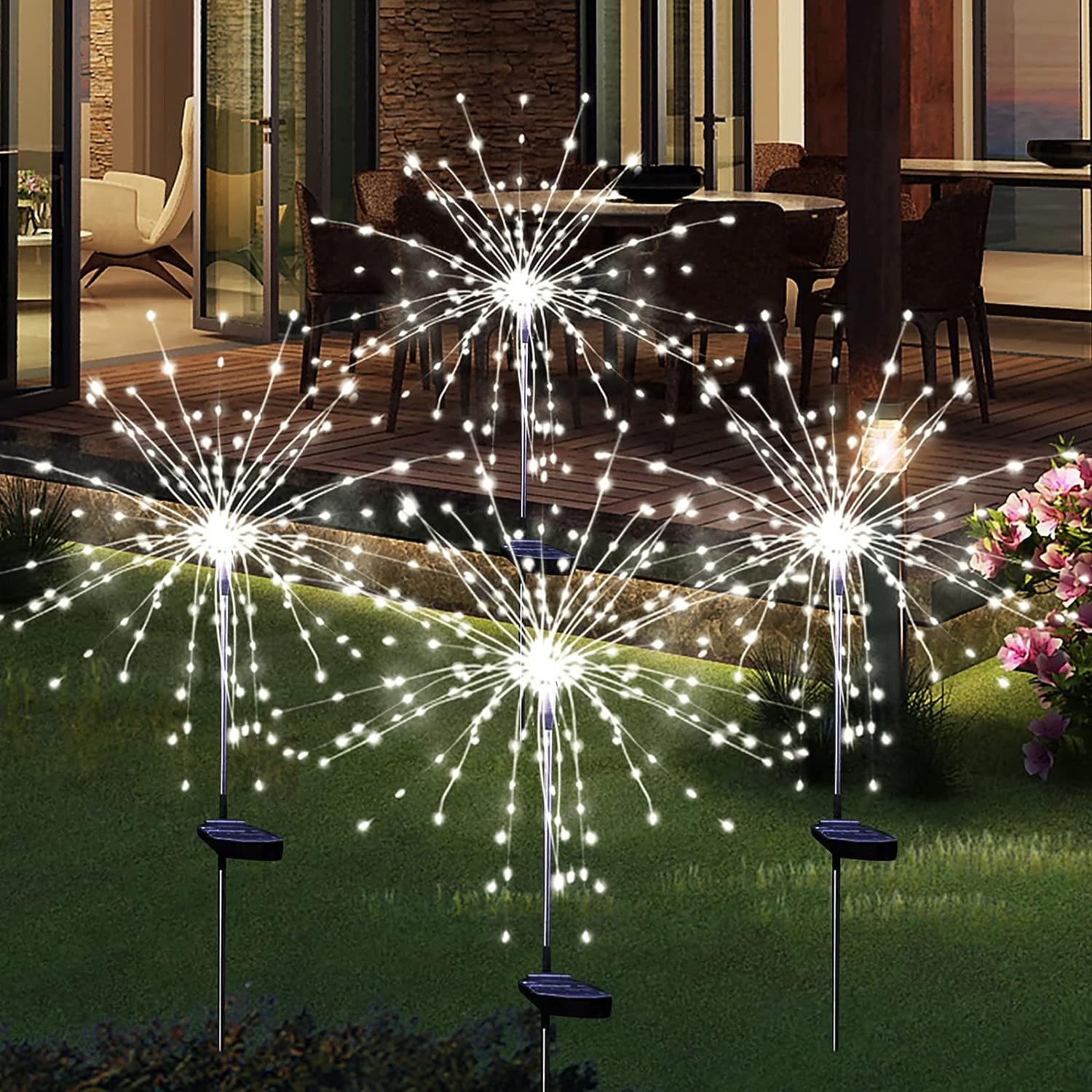 4 Pcs Solar Garden Lights Solar Firework Lights, Dingrich 120 LED Solar Powered String Light 8 Modes Twinkling Solar Lights for Garden, Wedding, Party, Patio (Cool White)