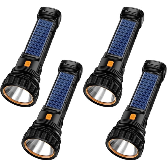 4 Pcs Solar Rechargeable Multi Function 1000 Lumens LED Flashlight, with Emergency Strobe Light and 1200 Mah Battery, Emergency Power Supply and USB Charging Cable, Fast Charging