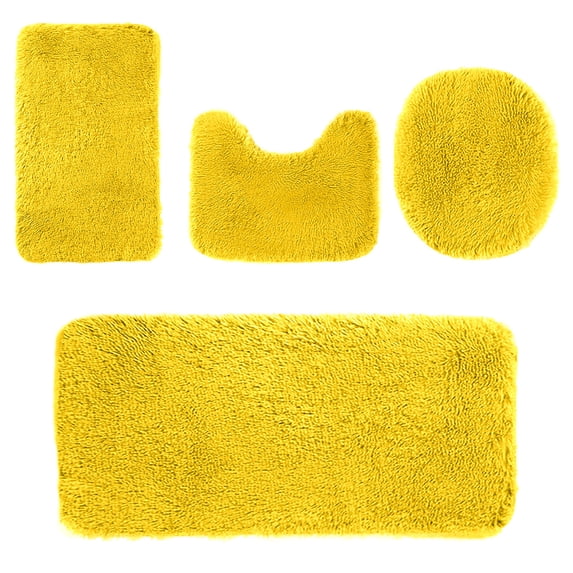 4 Pcs Solid Color Plush Bathroom Rug Set, Complete Toilet Floor Mat Combo, Soft Absorbent Non Slip Washable Pad for Shower Room, Home Restroom and Household Bath Decor