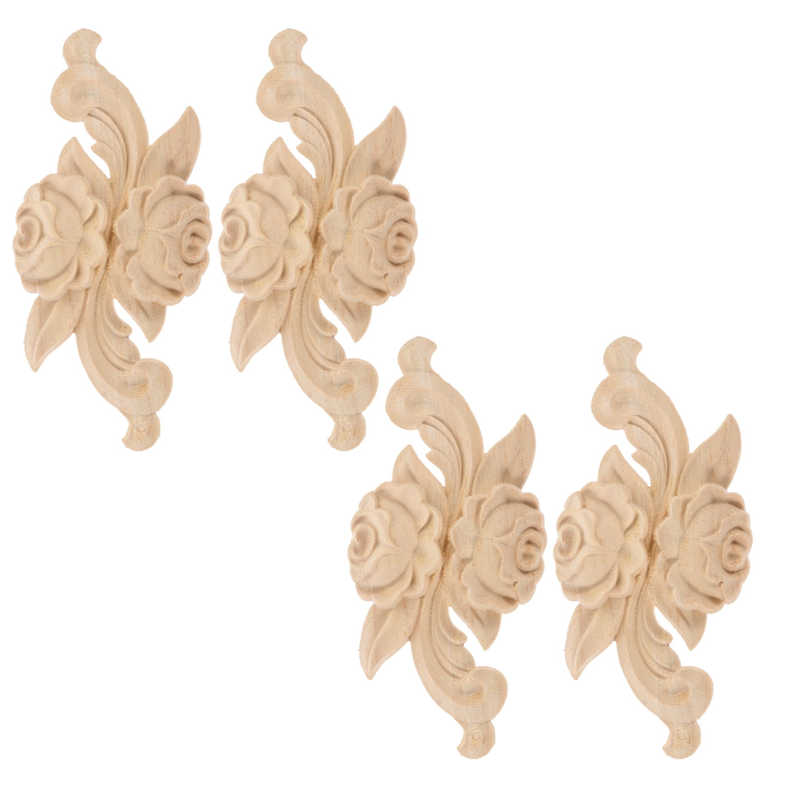 4 Pcs Solid Wood Rose Petals Decor Wooden Carved Decal Wood Carving