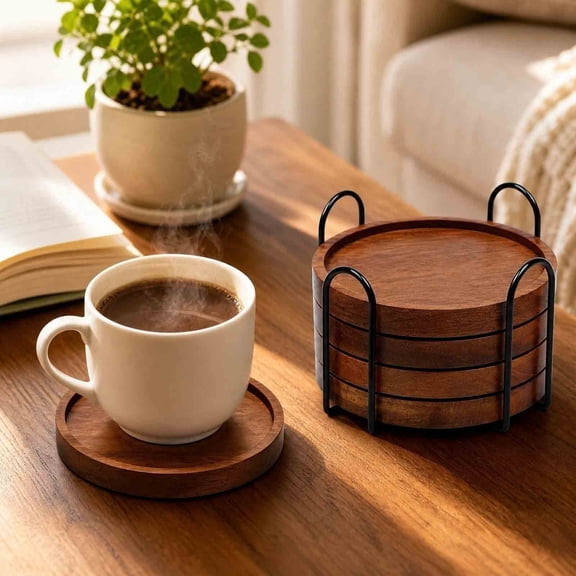 4 Pcs Solid Wood Round Coasters with Black Metal Storage Rack,Heat Insulation Anti-Scratch Cup Mats for Coffee,Tea Cup,Living Room,Office,Home Decor