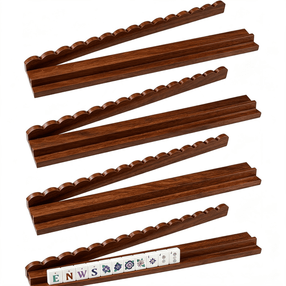 4 Pcs Solid Wood Scalloped American Mahjong Racks with Magnetic Pushers, 20 Inch Wooden Mahjong Tile Holders for Mahjong Lovers and Club Use, Walnut