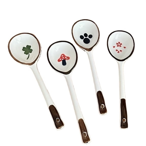 4 Pcs Soup Spoons Set, Ceramics Round Spoons, Cute Japanese Style Spoons Porcelain Asian Soup Spoon, Dinner Spoons for Soup Bouillon Cereal Milk Tea, 6.7 Inch