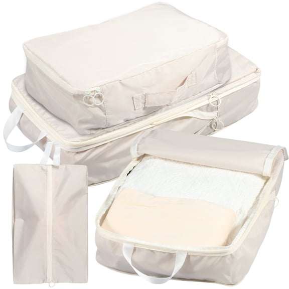 4 Pcs Space Saving Self Compression Organizer Set Expandable Moving Bag with Zipper and Handle Portable Clothing Storage Bag Waterproof Compression Packing Cube for Comforters Clothes Blankets